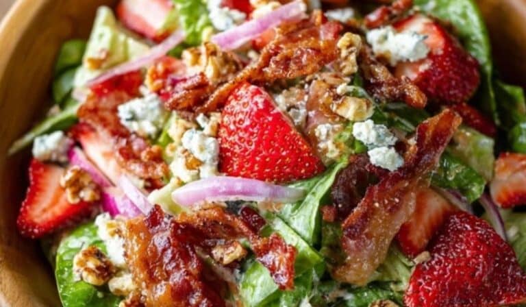 Strawberry Bacon Salad in wooden bowl