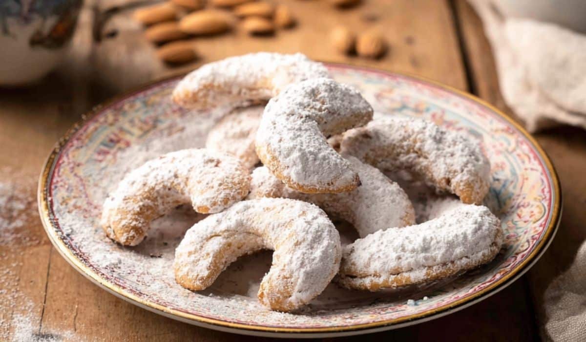 Almond Crescent Cookies on a vintage plate