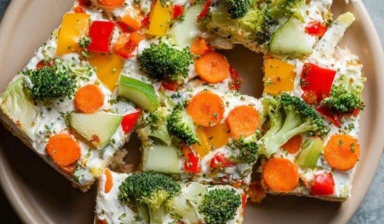 Cold veggie pizza served on a platter