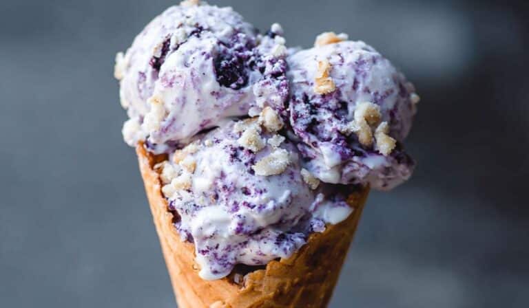 Blueberry Crumble Ice Cream in a rustic bowl