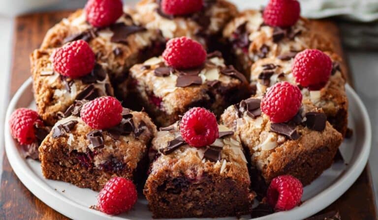 Dark Chocolate Raspberry Coffee Cake on rustic table