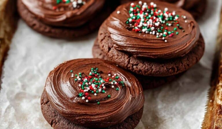 chocolate frosted cookies on wooden tray