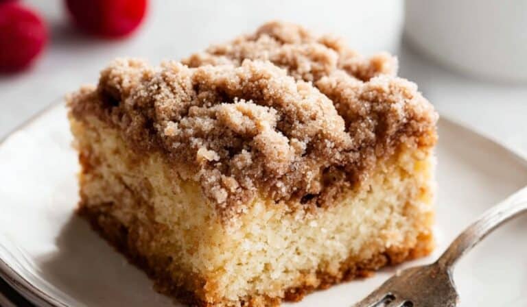 New York-Style Crumb Cake with crumb topping and powdered sugar