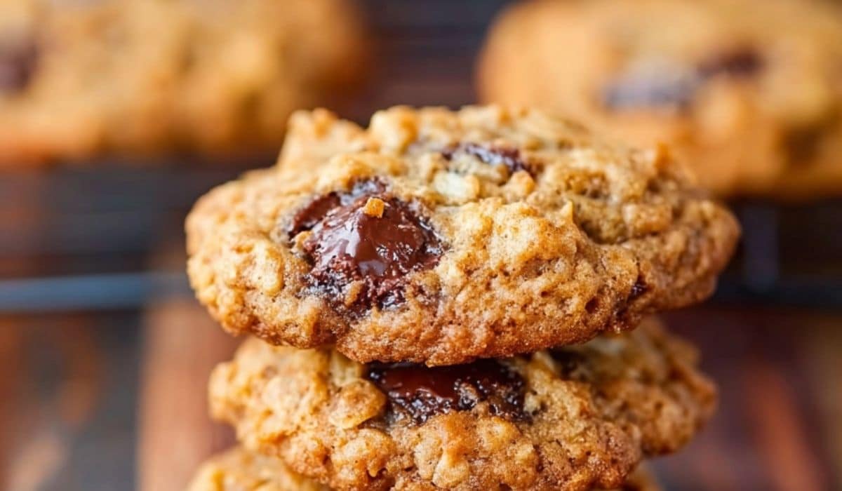 thick oatmeal Raisinet cookies on wooden table