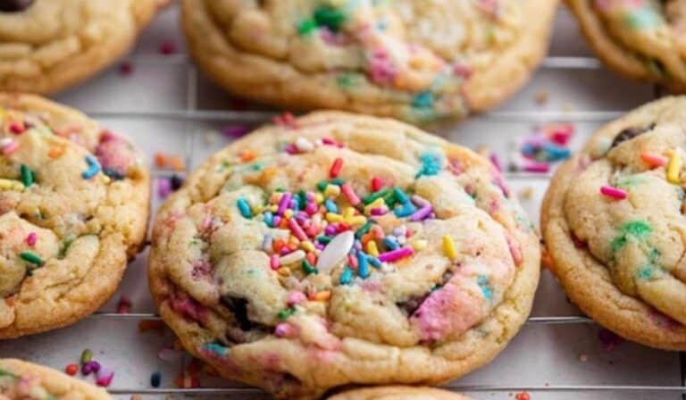 Cake Batter Chocolate Chip Cookies fresh baked on rack