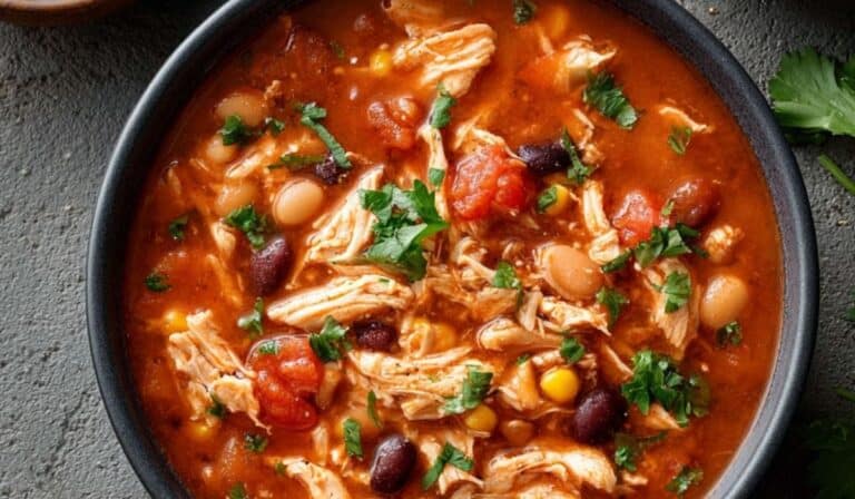 Slow Cooker Chicken Chili Recipe in rustic bowl