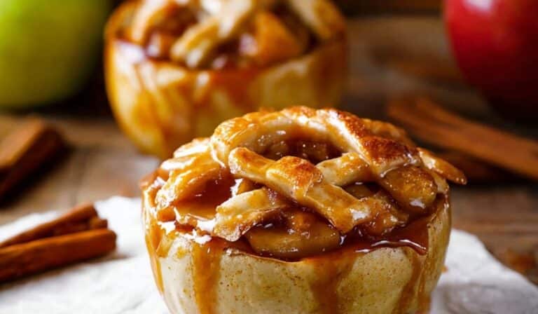 Apple Pie Baked Apples served on rustic table
