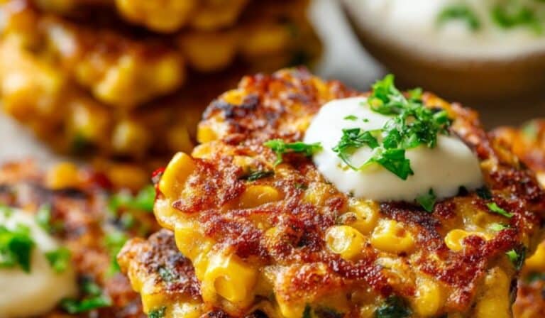 Crispy corn fritters on plate