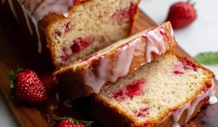Glazed Strawberry Bread fresh loaf sliced with glaze