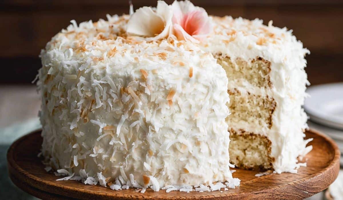 Tall Coconut Cake with buttercream and toasted flakes