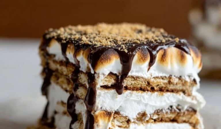 No Bake S’mores Icebox Cake with marshmallow and chocolate