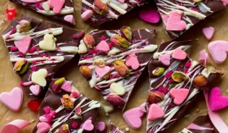 Valentine’s Day Chocolate Bark with heart sprinkles and festive toppings