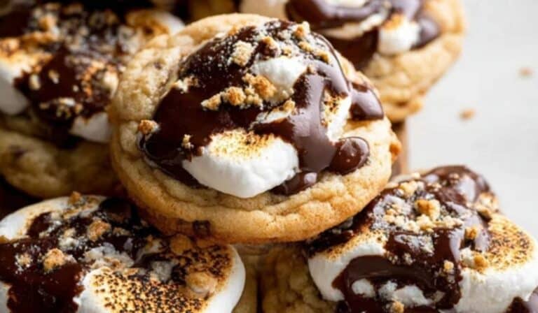 S’mores Chocolate Chip Cookies stacked with melted chocolate
