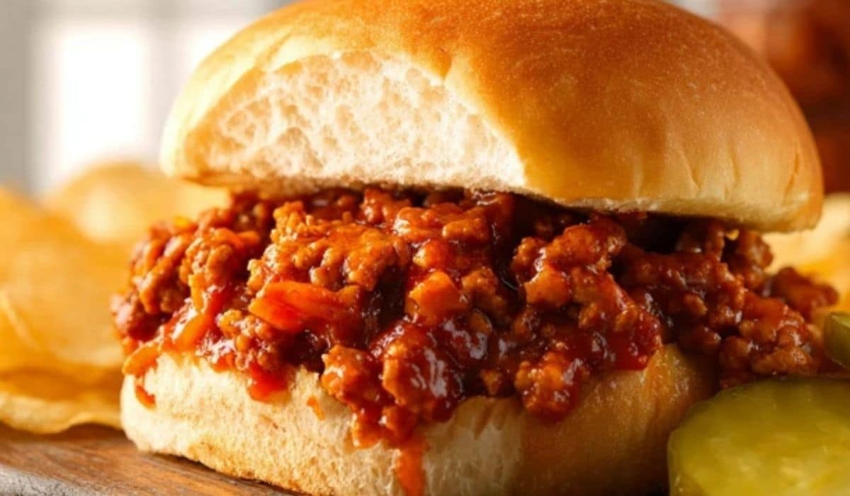 Sloppy Joe Recipe sandwich with thick saucy beef on a toasted bun