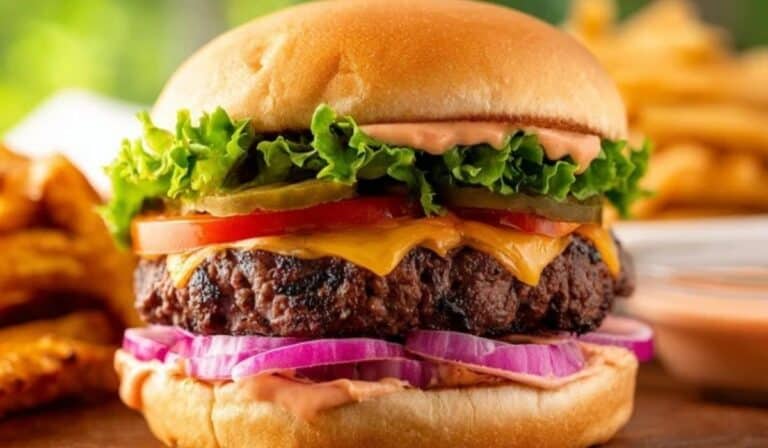 Hamburger recipe with juicy cheeseburger on toasted bun and fries