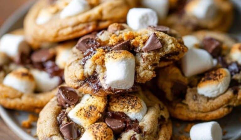 Toasted S’more Chocolate Chip Cookies stacked with melted marshmallow