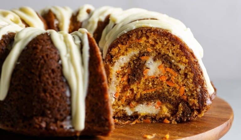 Cheesecake Swirl Carrot Bundt Cake with glaze