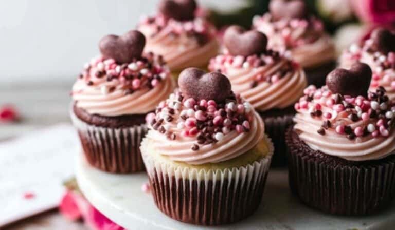 Valentine’s Day Cupid Cupcakes on table with roses