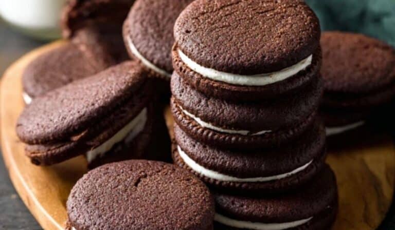 Homemade Oreos stacked on table