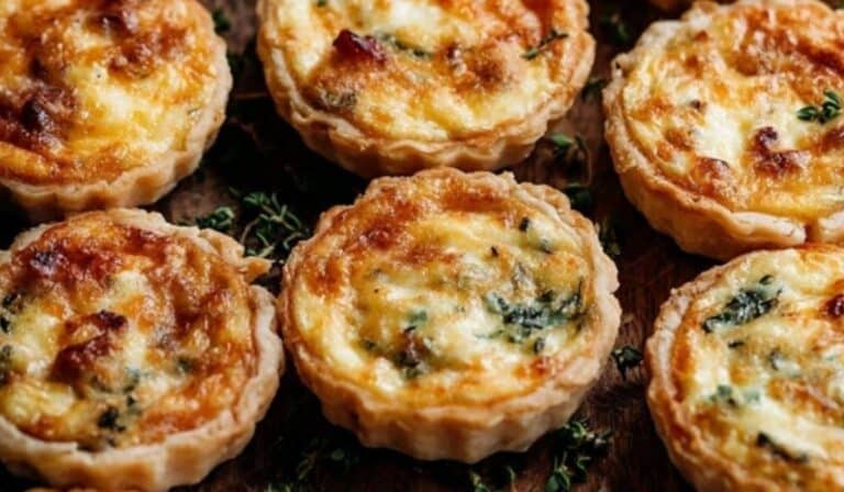 Mini Quiche with golden crust on serving board