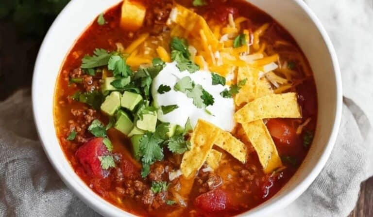 Easy Taco Soup Recipe in a bowl with cheese and tortilla chips