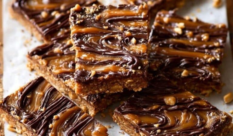 Chocolate Peanut Butter Snack Bars stacked with gooey layers