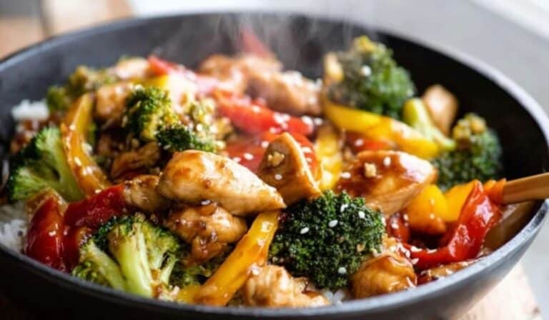 Chicken stir fry in a skillet with broccoli and peppers, glossy sauce and sesame seeds