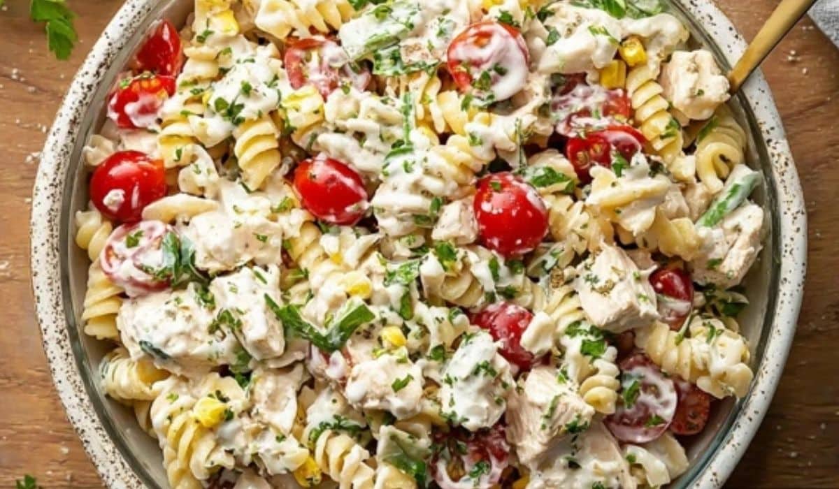 Chicken pasta salad with creamy Greek yogurt dressing in bowl