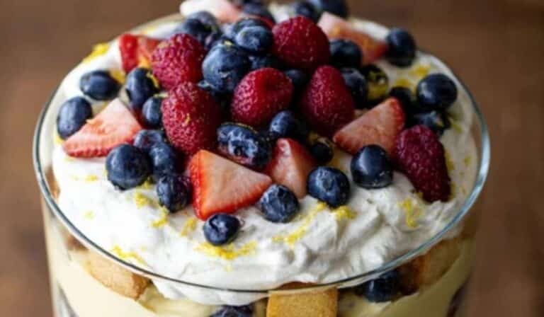 Lemon Berry Trifle layered dessert in glass bowl