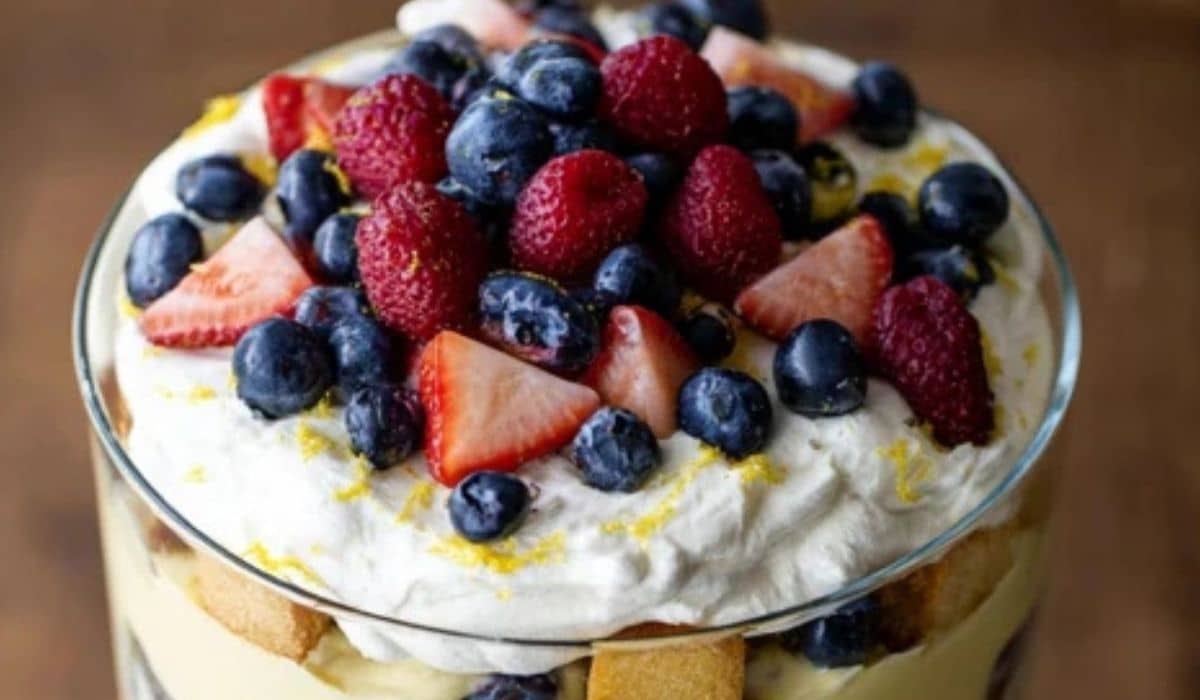 Lemon Berry Trifle layered dessert in glass bowl