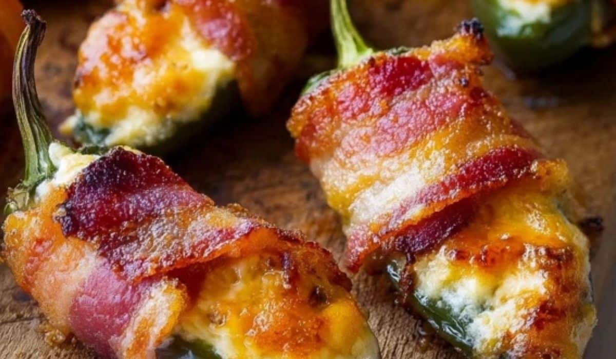 Bacon Wrapped Cheesy Stuffed Jalapeños on wooden board