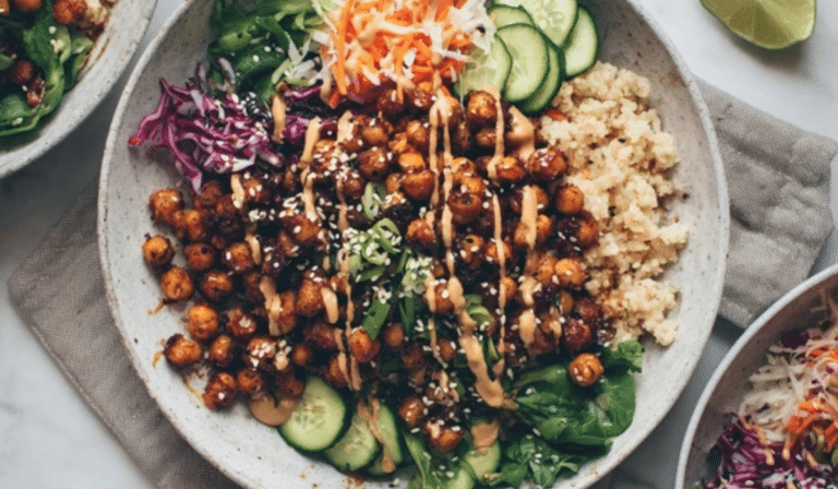 Crispy Miso Chickpea Bowls with rice, crunchy veggies, and sesame dressing