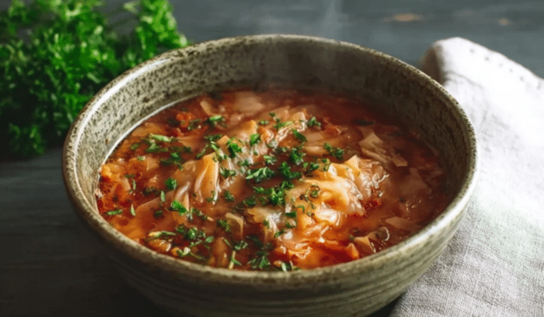 Polish cabbage roll soup in a bowl with herbs and steam