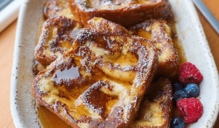 Overnight French Toast casserole with syrup and golden top
