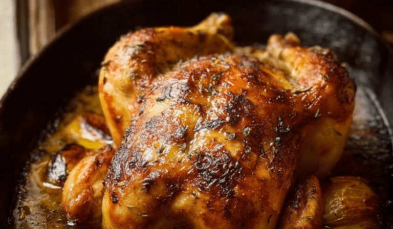 Roast chicken with crispy golden skin resting in pan juices