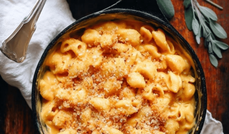 Butternut Squash Mac and Cheese in a skillet with crispy topping