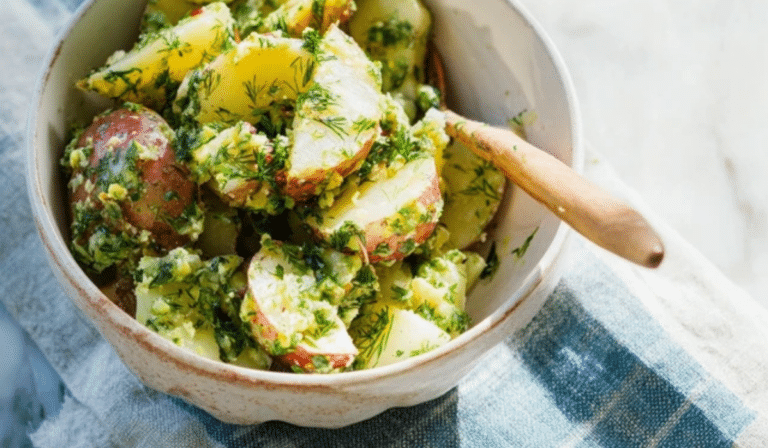 Herbed potato salad with lemon Dijon dressing and fresh herbs in a serving bowl