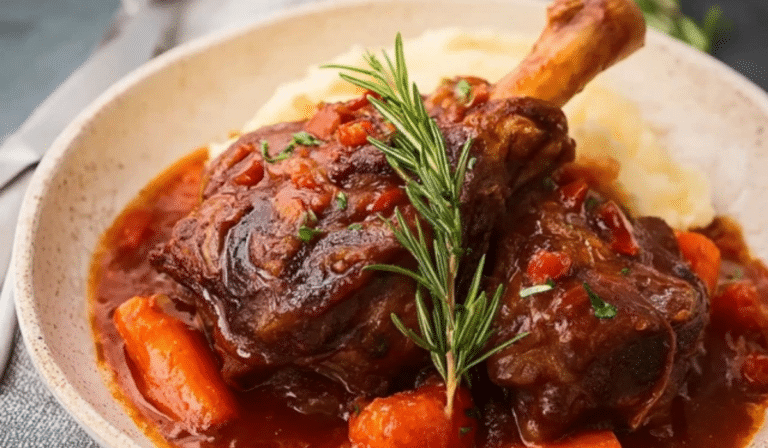 Braised lamb shanks in rich red wine gravy with rosemary