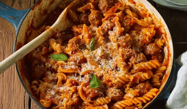 One-Pot Tomato Sausage Pasta in a skillet with basil and Parmesan