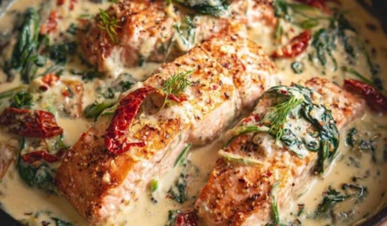 Creamy Tuscan Salmon in a skillet with spinach and sun-dried tomatoes