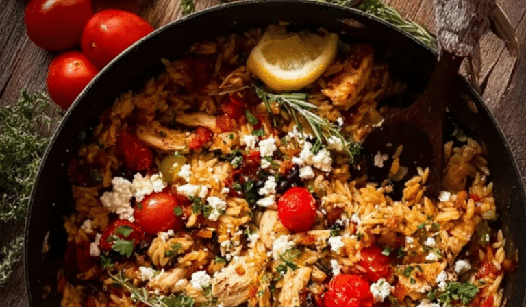 One-pot Greek chicken risoni in a skillet with feta and lemon