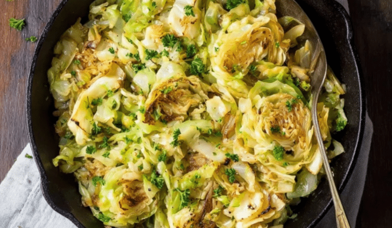 Sauteed Cabbage in a skillet with buttery caramelized edges