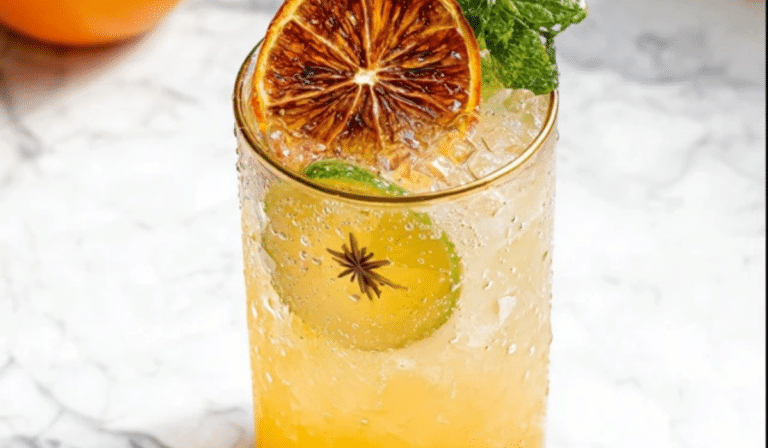 Citrus ginger beer mocktail over ice with orange and mint