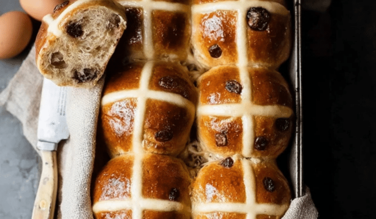 Hot Cross Buns Recipe baked golden with classic crosses
