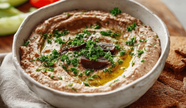 Kalamata White Bean Dip topped with olive oil and herbs in a serving bowl