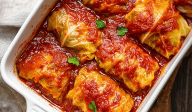 Stuffed Cabbage Rolls baked in rich tomato sauce in a casserole dish