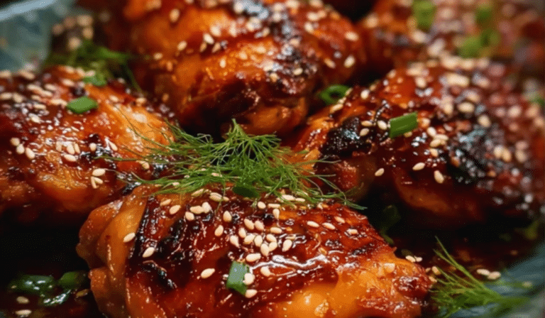 Sticky Honey Soy Baked Chicken glazed and glossy on a platter