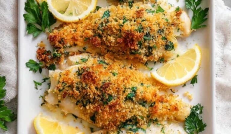 Crispy lemon baked fish with golden panko crust and lemon wedges