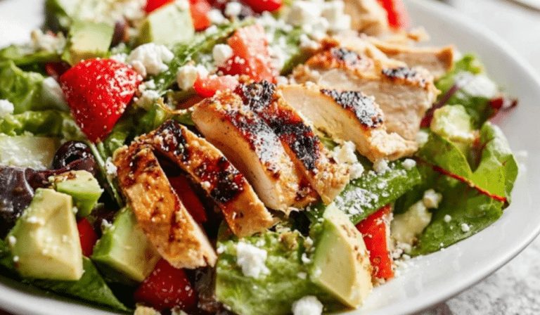 Grilled Chicken Salad with avocado, feta, tomatoes, and charred chicken