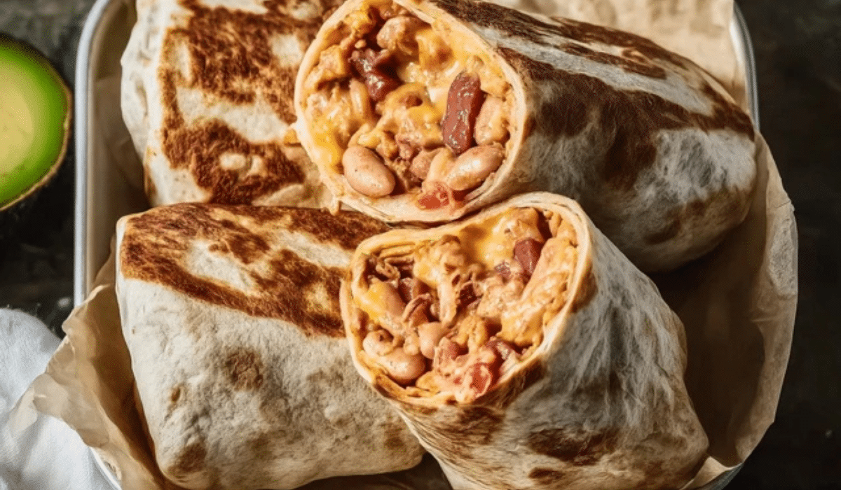 Freezer Bean & Cheese Burritos sliced open with melty cheese